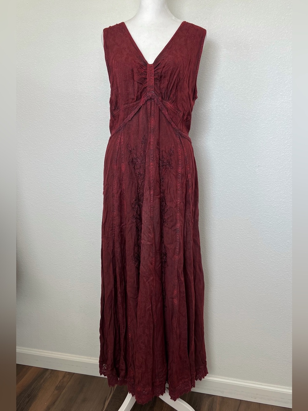 Lapogee Burgundy Sleeveless Western Boho Smocked Back Maxi Dress - Free Size M/L